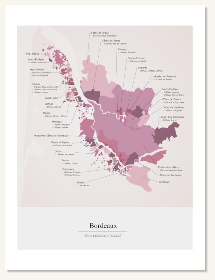 Poster wine map Bordeaux. Wine painting. Wine poster. Exclusive and educational wine map printed on high quality paper.