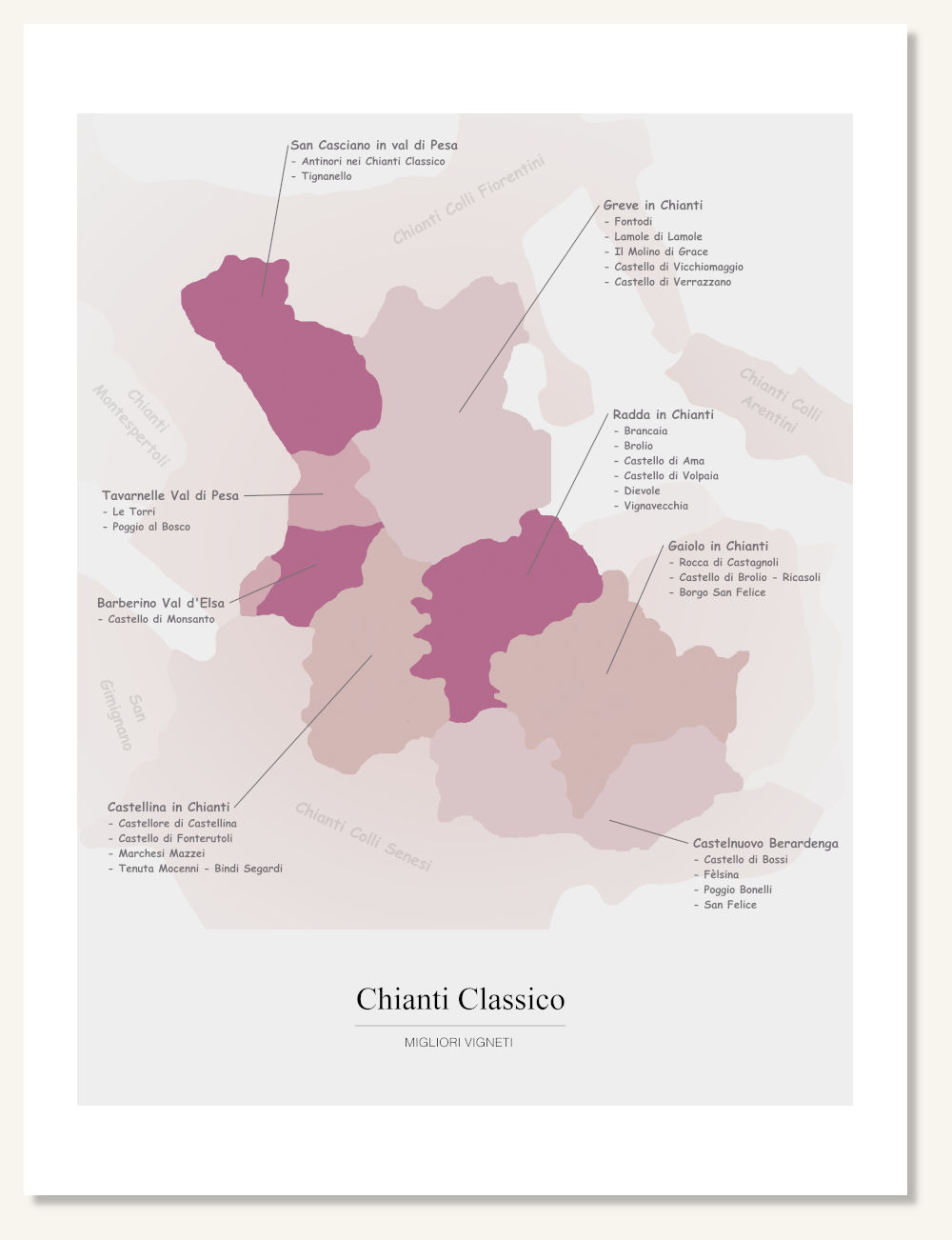 Poster wine map Chianti Classico. Wine painting. Wine poster. Exclusive and educational wine map printed on high quality paper.