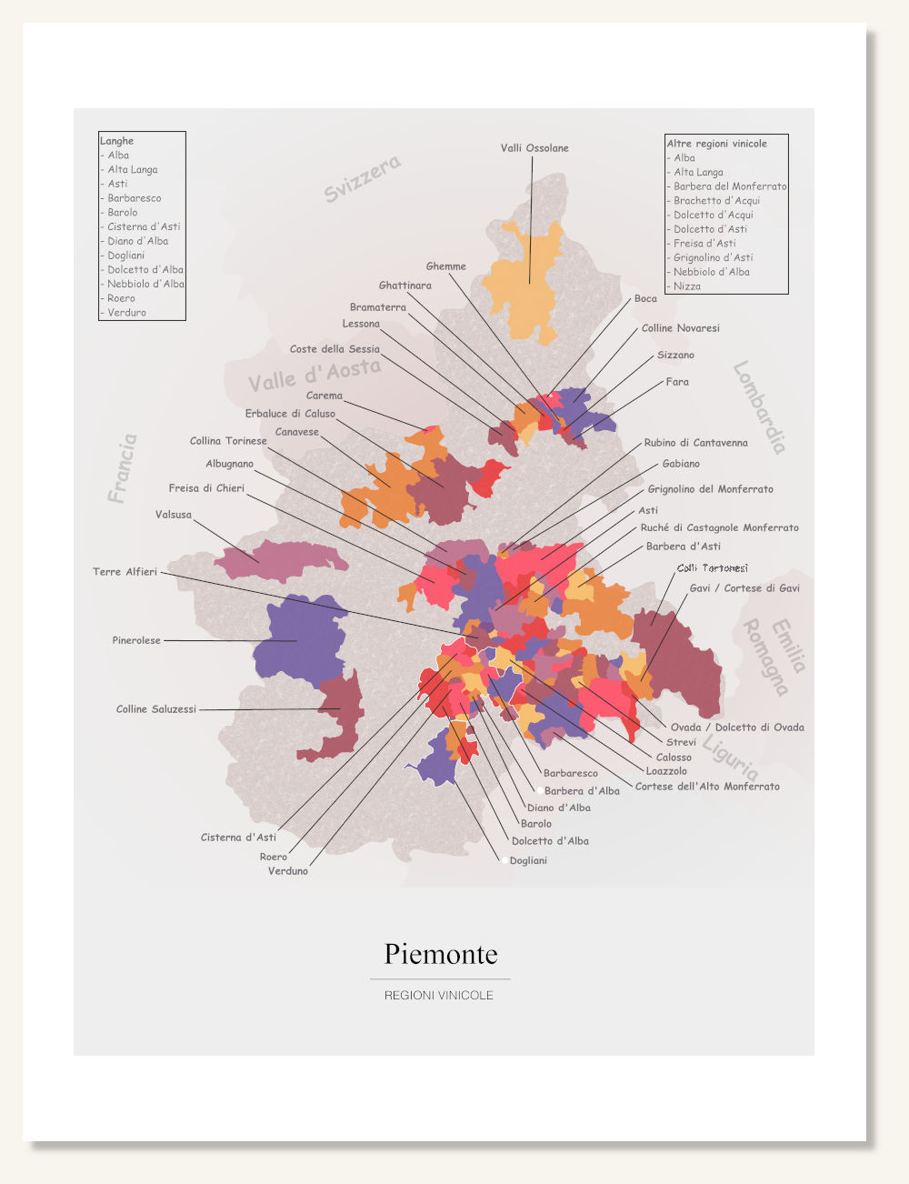 Poster wine map Piedmont. Wine painting. Wine poster. Exclusive and educational wine map printed on high quality paper.